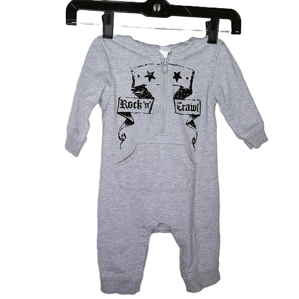 Old Navy Gray Onesie Sweatshirt Hoodie Zip Up Rock n Crawl EUC Sz 6-12 mo